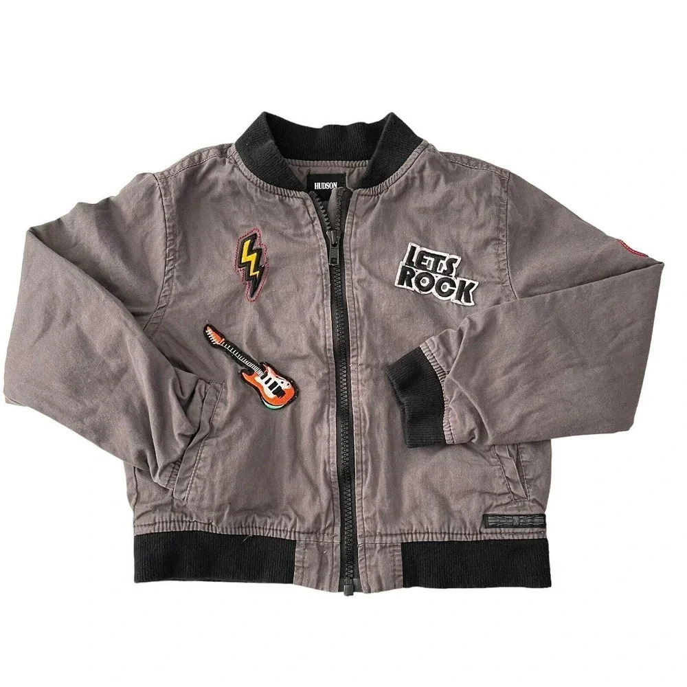 Hudson Bomber Jacket Kids Size‎ 5 Gray Rock N Roll Patch Full Zip Edgy Punk